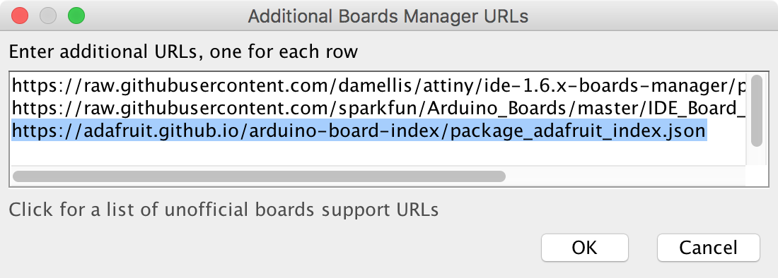 Arduino Boards URL dialog