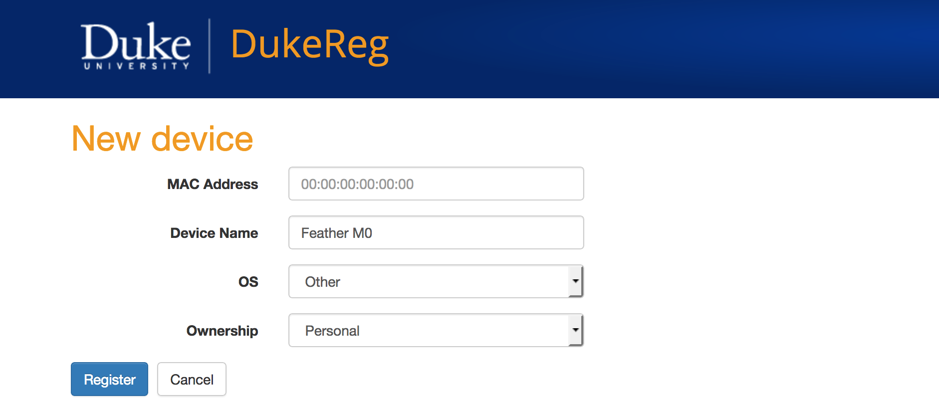 Image of DukeReg registration form