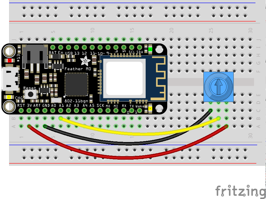 Breadboard example of a Feather M0 wired to a potentiometer