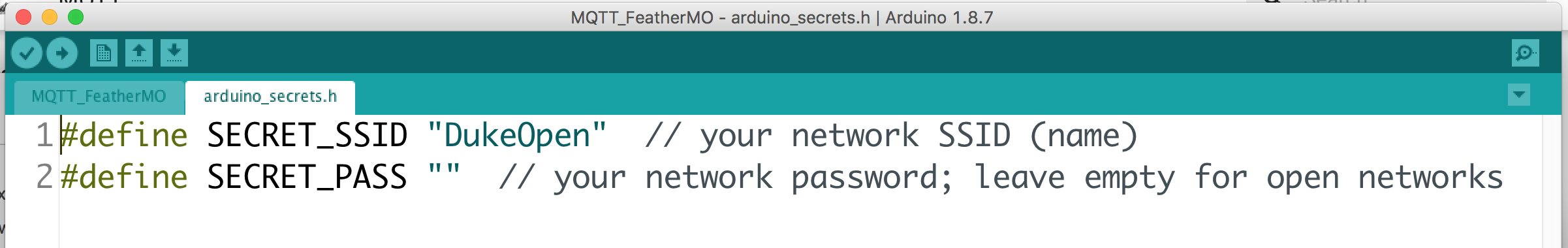 Sketch open to arduino_secrets.h tab for setting SSID and password